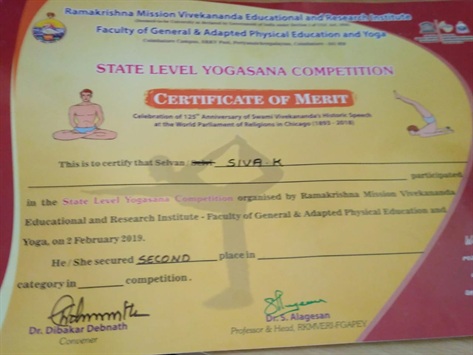 State Level Yoga Competition 2019 winner R siva-VIDAYA VIKASINI OPPORTUNITY SCHOOL
