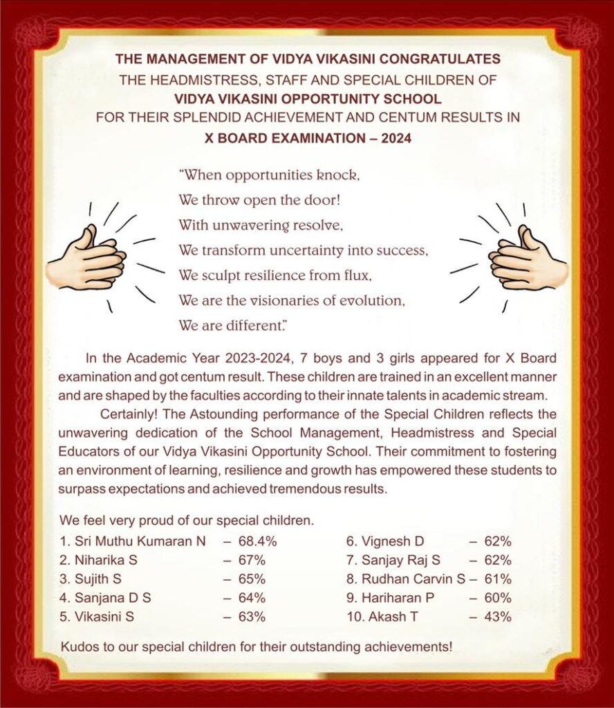 Board Examination Results-2024-Vidya Vikasini Opportunity School Coimbatore